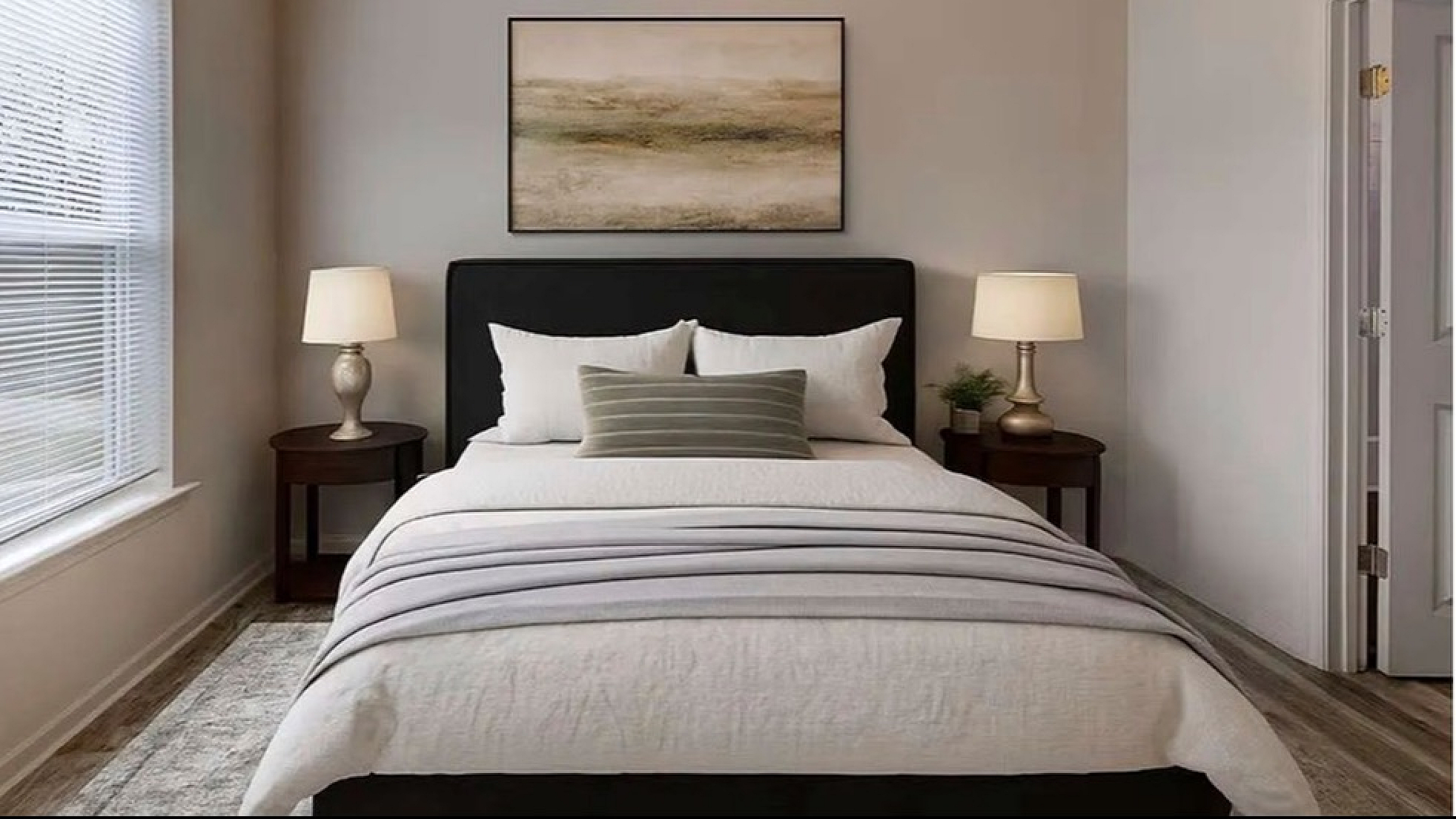 Elegant bedroom design with natural light, featuring a cozy bed, stylish bedside lamps, and modern artwork.