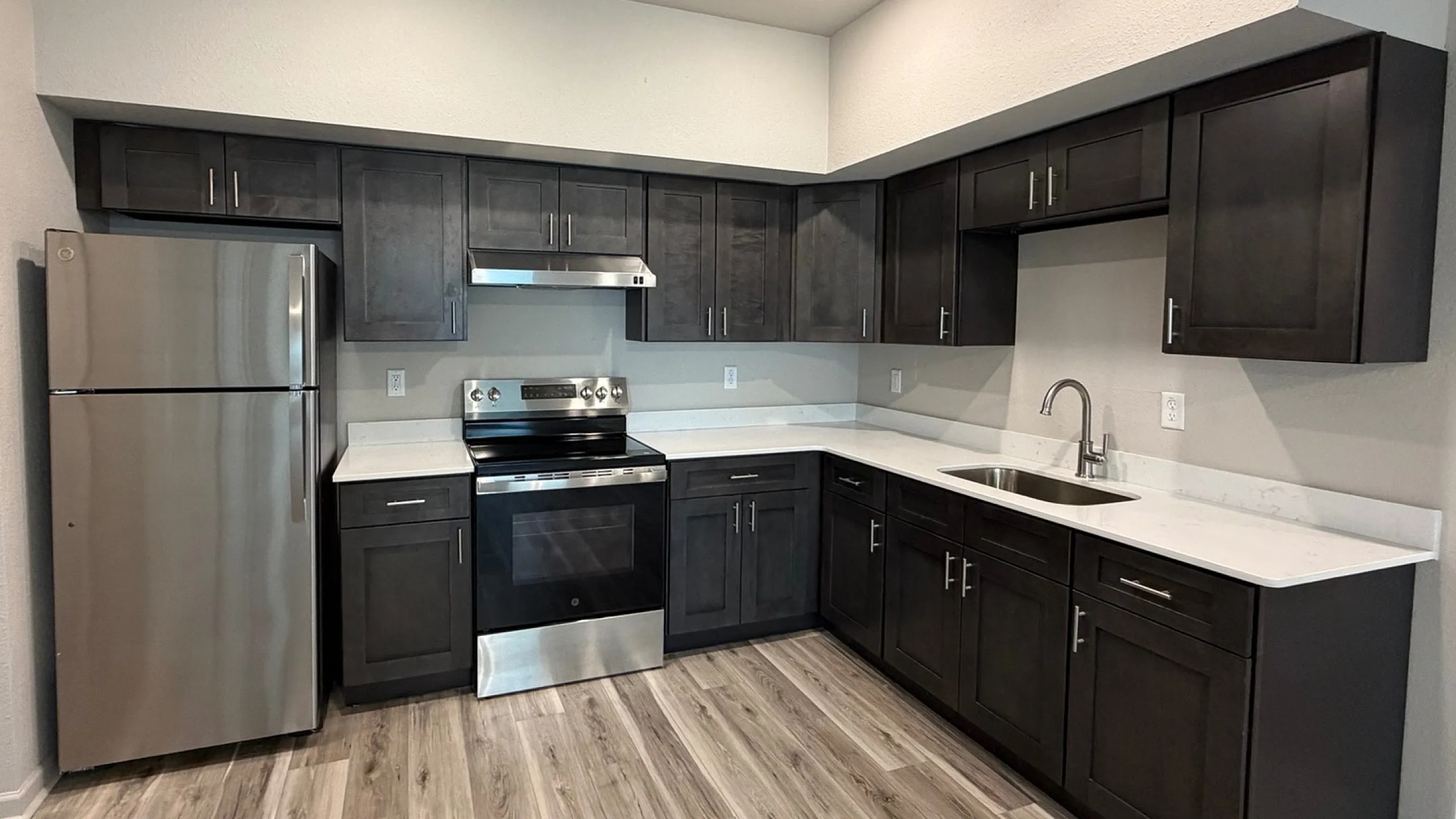 Modern kitchen with sleek stainless steel appliances, elegant dark cabinetry, and spacious countertops, perfect for culinary enthusiasts.