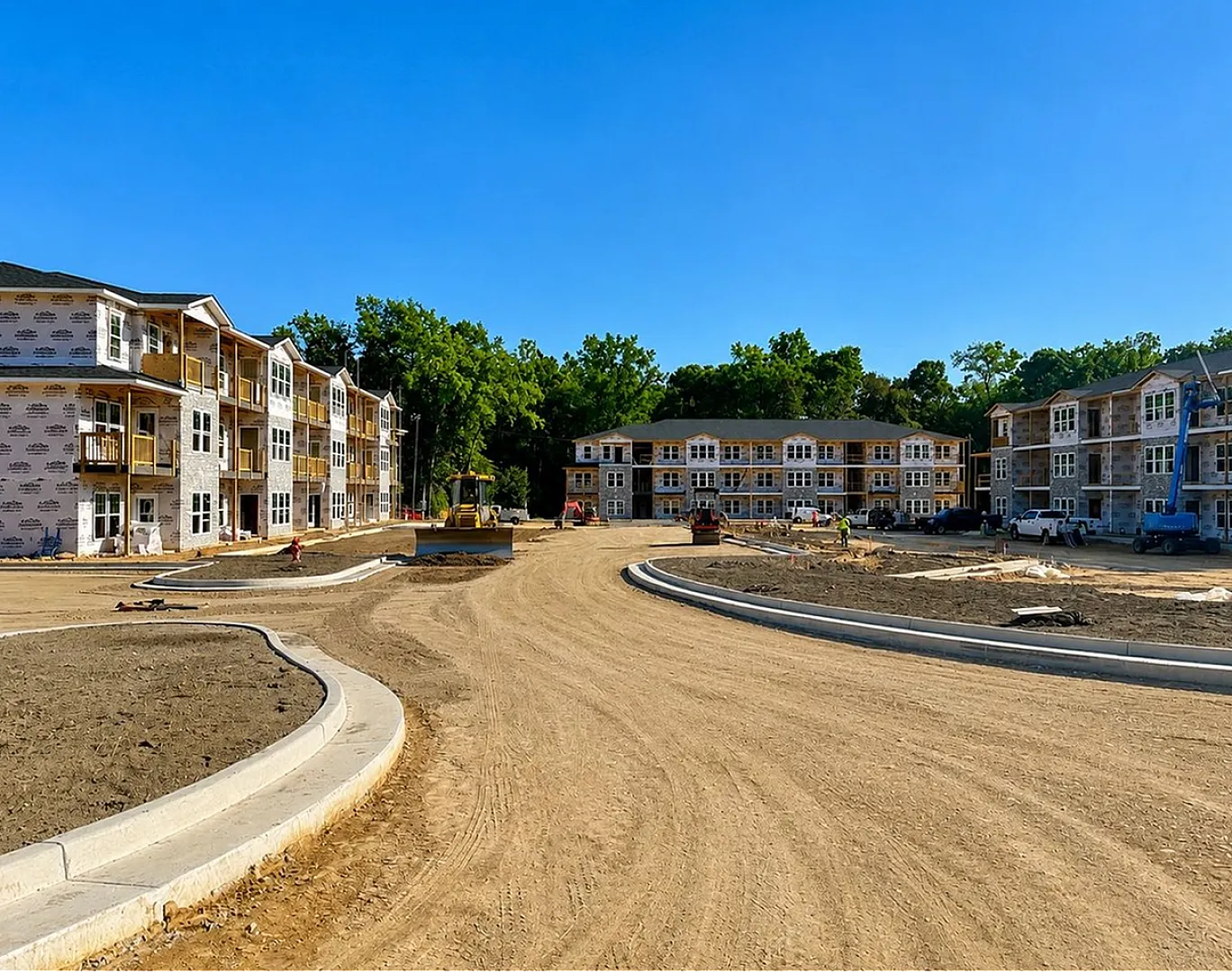 Bright and spacious new apartment complex under construction, featuring modern architecture and surrounded by lush greenery, promising a vibrant community atmosphere.