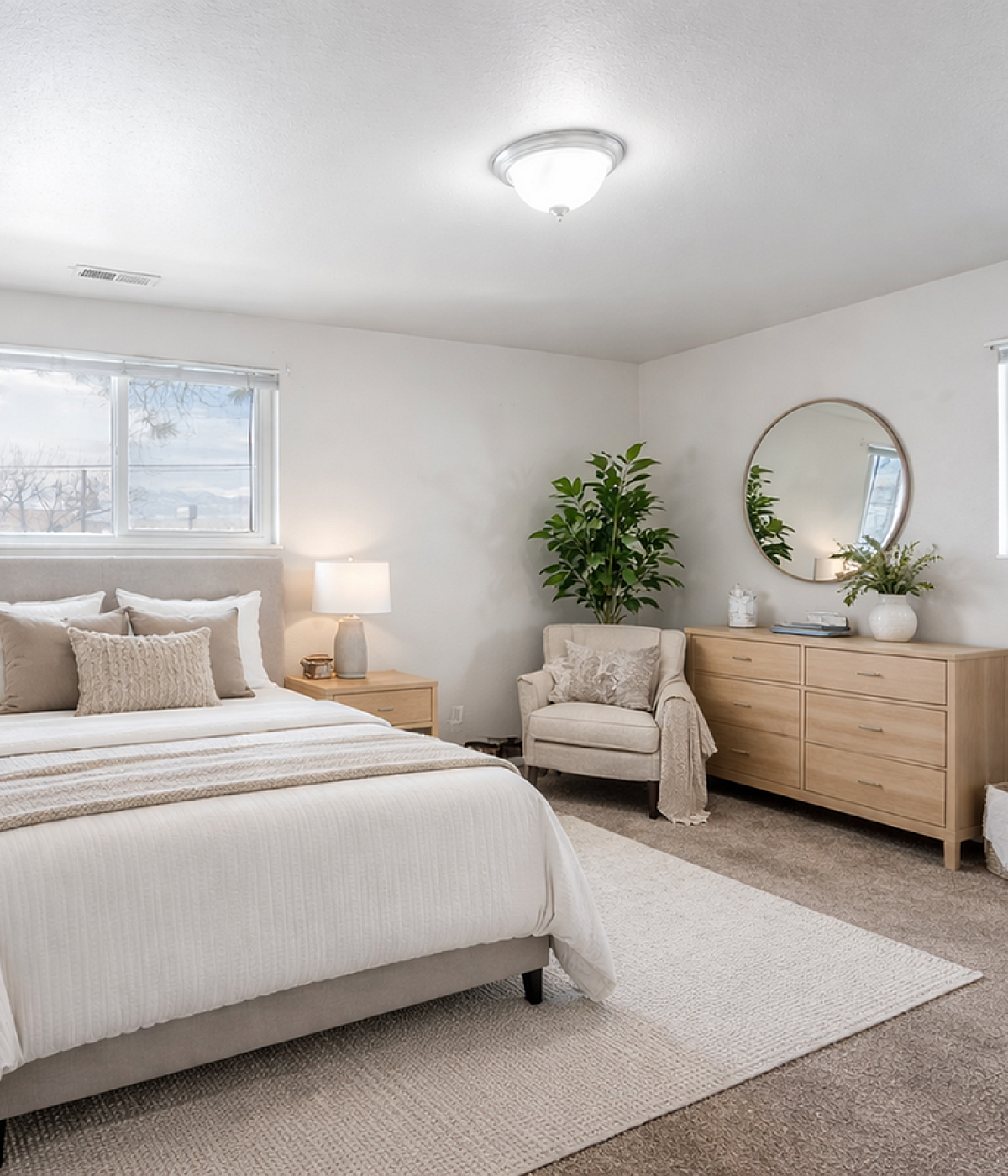 Elegant bedroom with neutral tones, featuring cozy bedding, stylish wooden furniture, and serene natural light.