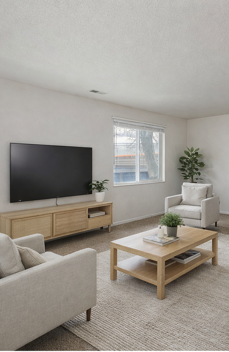 Inviting contemporary living room with plush gray sofas, chic decor, and a large flat-screen TV, perfect for relaxation and entertainment.
