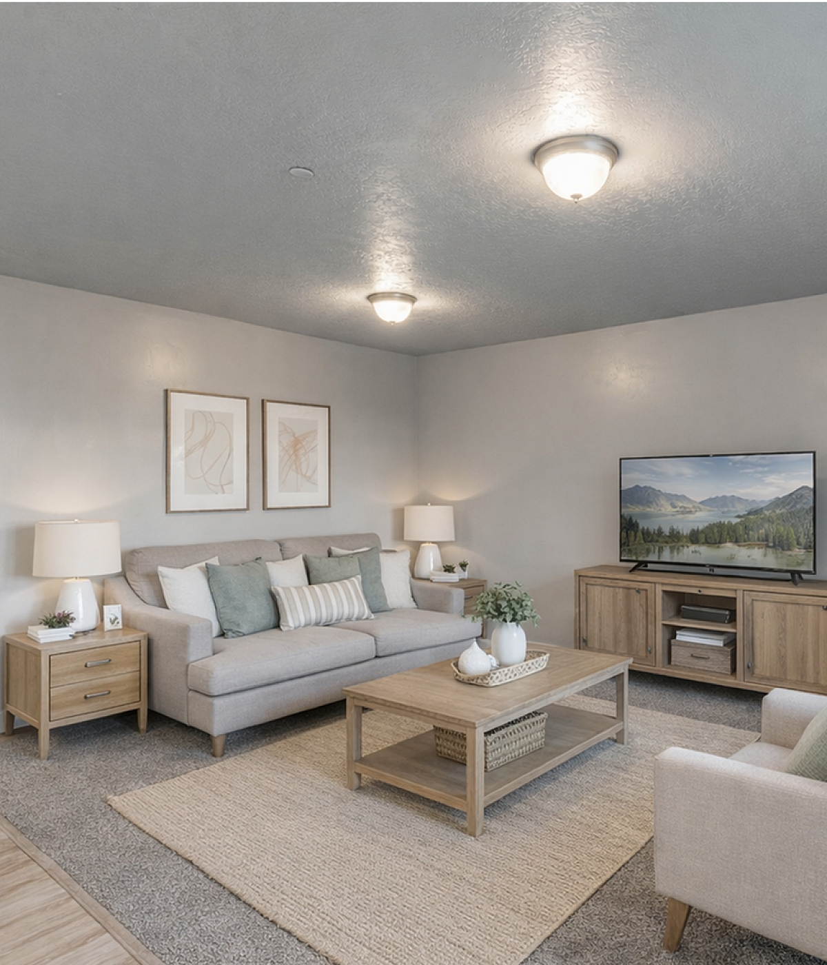 Inviting living room with chic gray walls, cozy sofas, elegant decor, and a modern entertainment center.