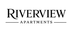 Elegant Riverview Apartments logo set against a modern digital pattern backdrop.