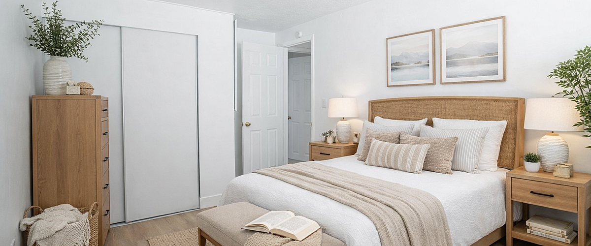 Bright and cozy bedroom with elegant wooden furniture, plush bedding, and serene wall art, exuding warmth and comfort.
