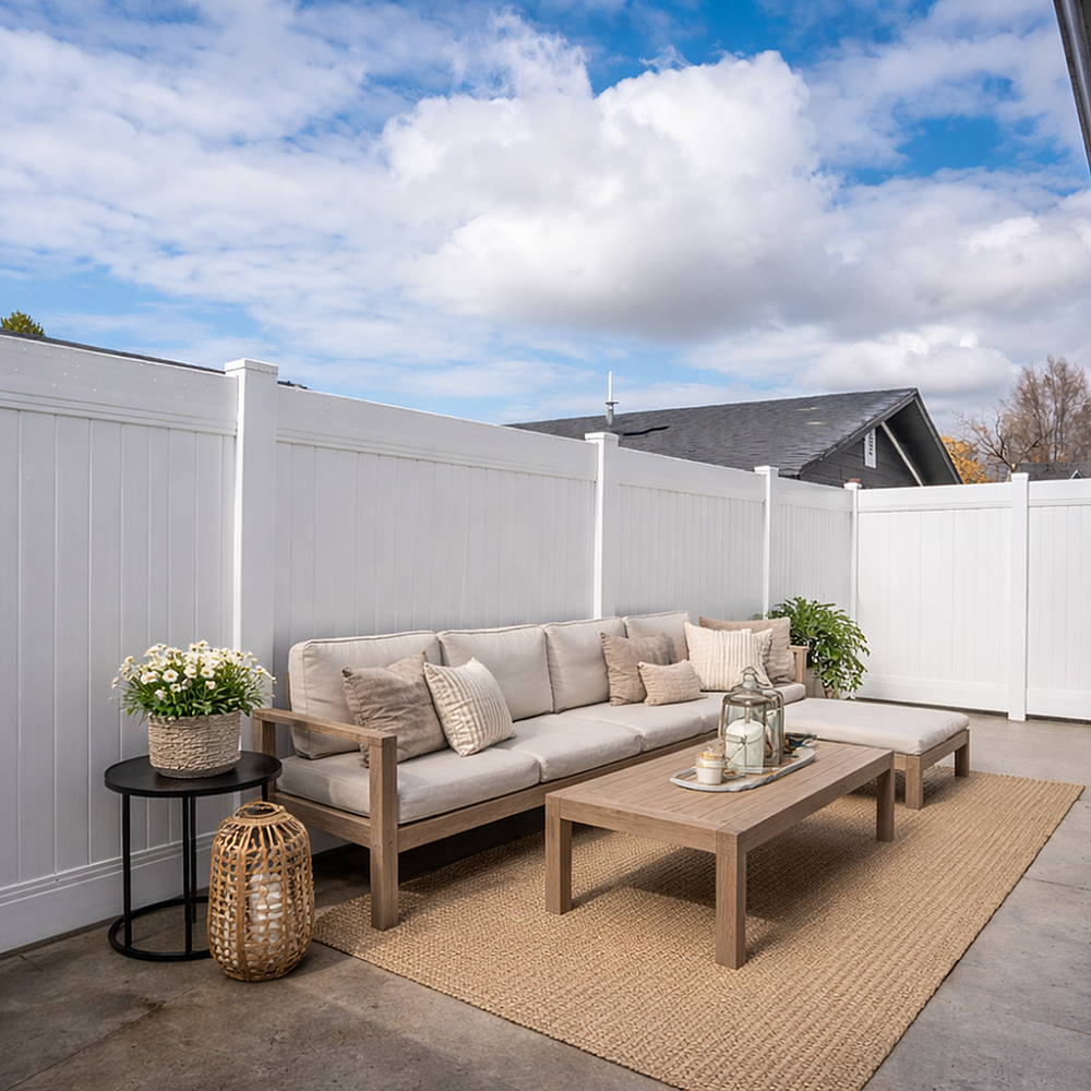 Charming outdoor patio with cozy sofa, lush plants, and elegant lantern decor, perfect for relaxation under the open sky.