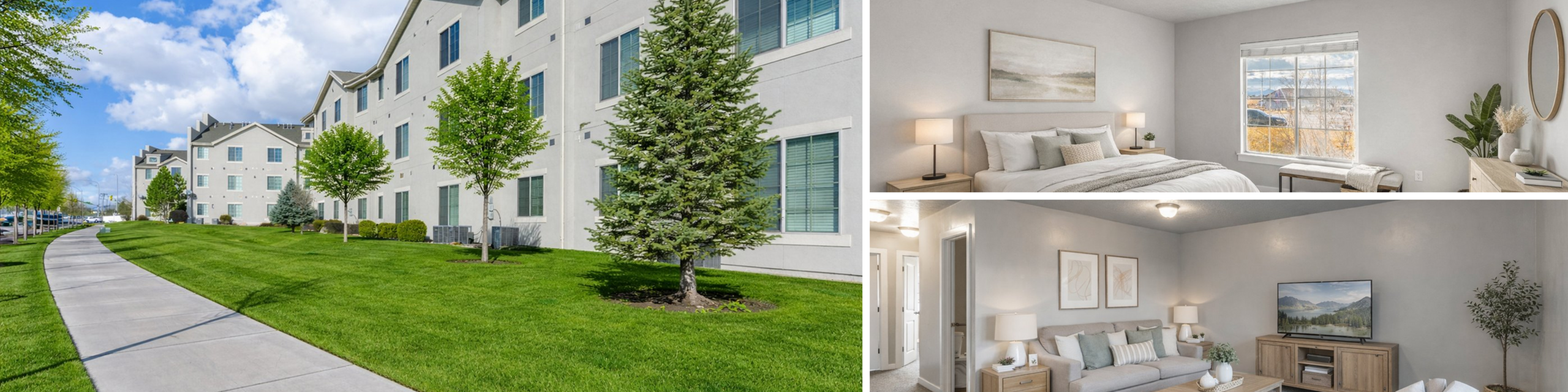 Bright and inviting apartment showcasing a well-maintained exterior with lush greenery, a cozy bedroom with modern decor, and a comfortable living room perfect for relaxation.