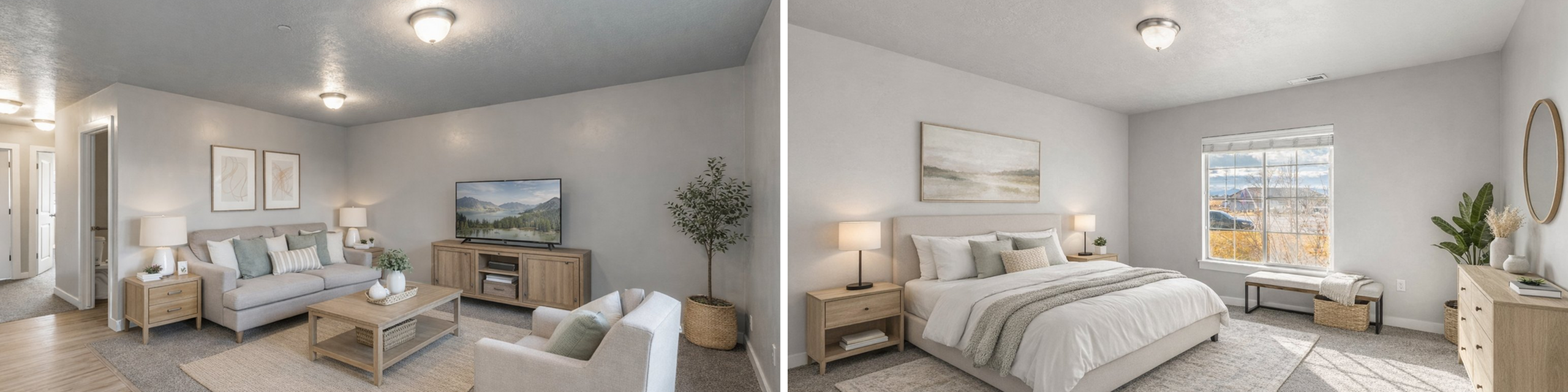 Inviting apartment interior showcasing a cozy living room with stylish decor and a bright bedroom with large windows and modern furnishings.
