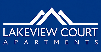 Sleek logo for Lakeview Court Apartments featuring a modern mountain design on a vibrant blue background.