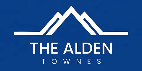 Elegant blue logo featuring stylized mountain peaks above 'The Alden Townes' text, symbolizing modern living.
