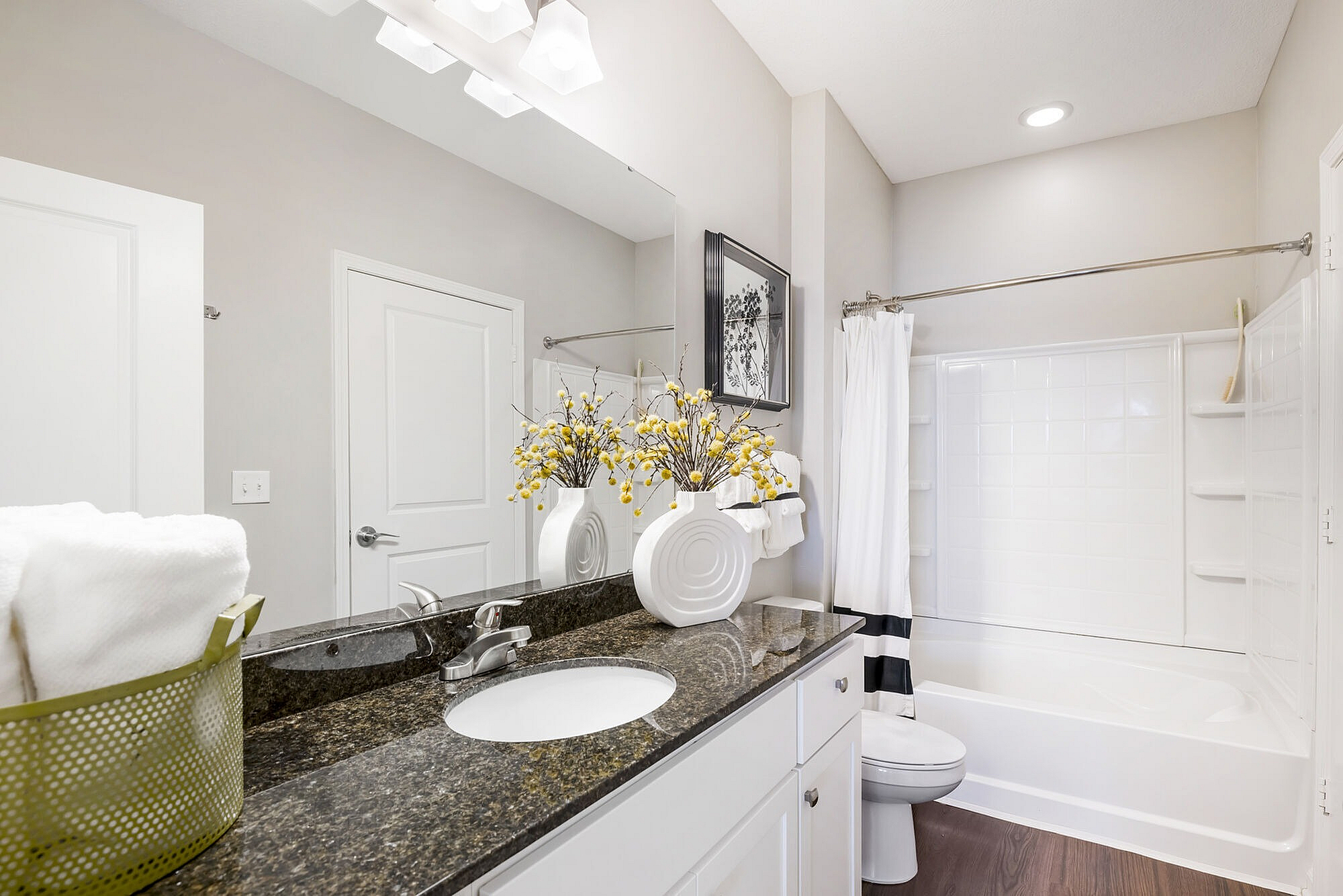 Elegant bathroom with sleek granite countertop, modern fixtures, and tasteful decor, offering a serene and luxurious retreat.