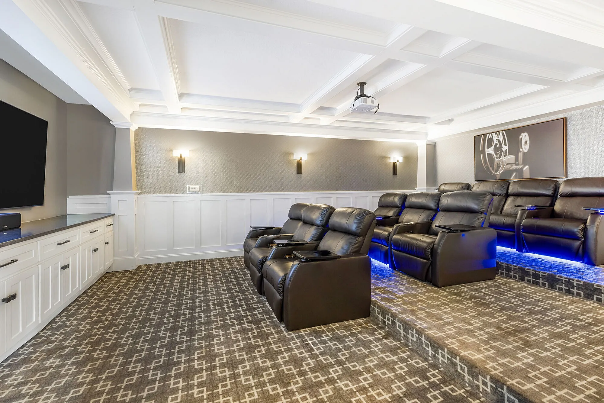Luxurious home theater with plush leather recliners and ambient lighting, offering an elegant entertainment experience.