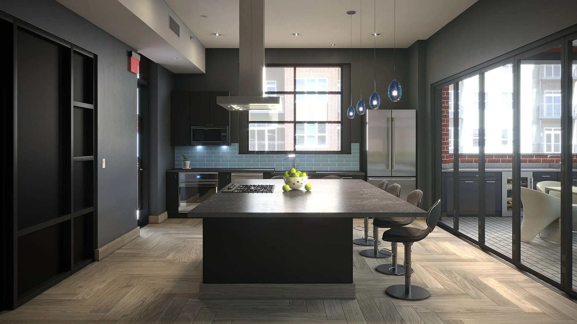 Sleek and modern kitchen with a spacious island, designer pendant lighting, and stylish backsplash. Features large windows flooding the space with natural light.