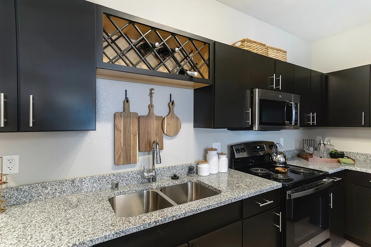 Modern kitchen with sleek granite countertops, stainless steel appliances, and stylish dark cabinetry, offering a chic and functional space.