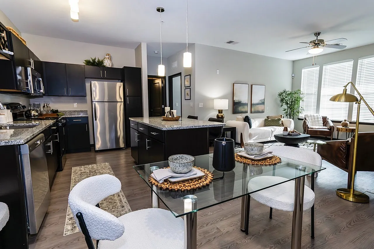 Modern open-concept kitchen and living room with sleek dark cabinets, stainless steel appliances, and abundant natural light.