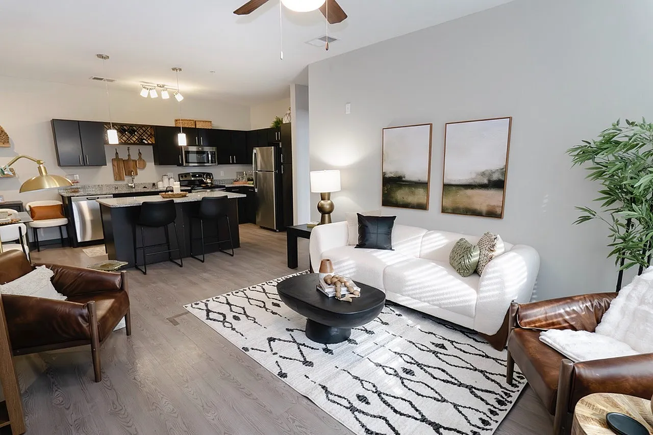 Elegant apartment interior with a modern open-concept design, featuring a stylish kitchen with black cabinetry, cozy living area with chic decor, and abundant natural light.