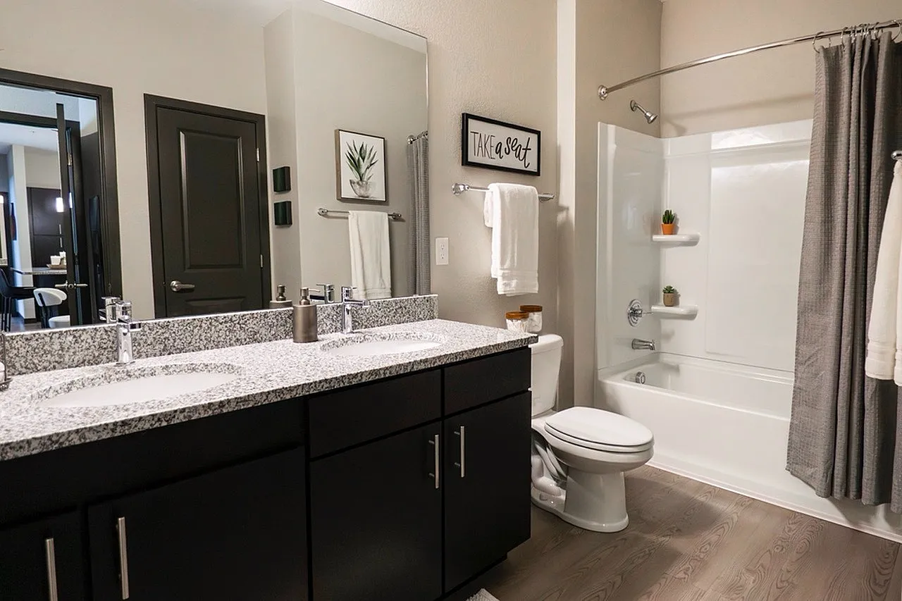 Modern bathroom with elegant double vanity, granite countertops, and a sleek shower bathtub in stylish apartment setting.