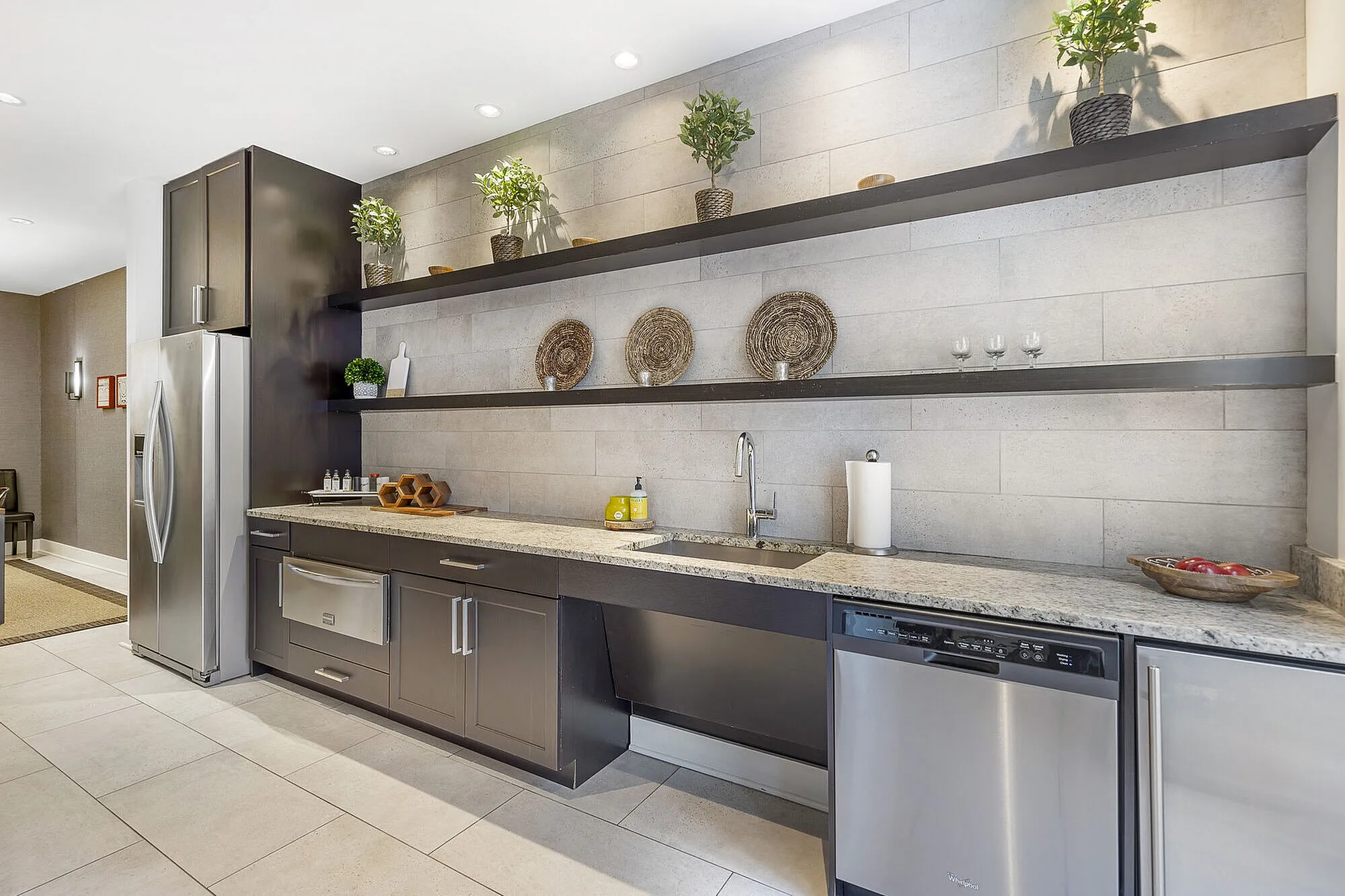 Modern kitchen with sleek dark cabinetry, stainless steel appliances, and open shelving adorned with decorative plants and dishes.