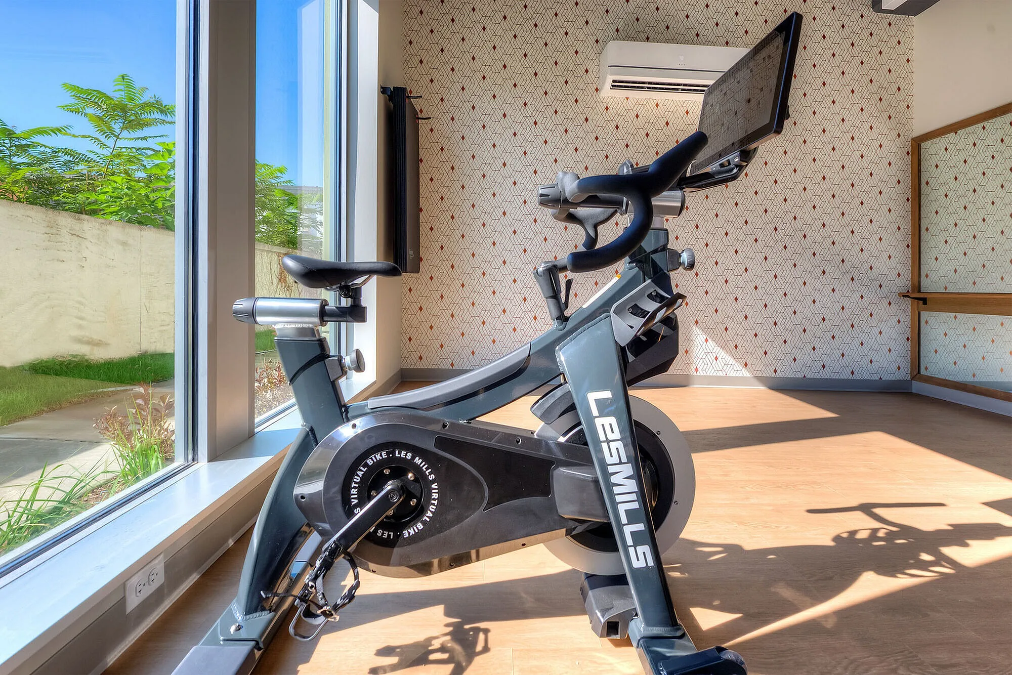 Sunlit fitness room with a modern exercise bike overlooking a lush green outdoor area.