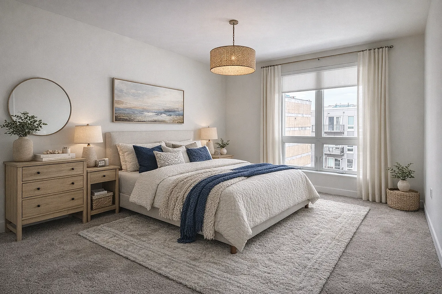 Elegant bedroom with plush bedding, natural light from large window, chic decor, and a minimalist aesthetic.