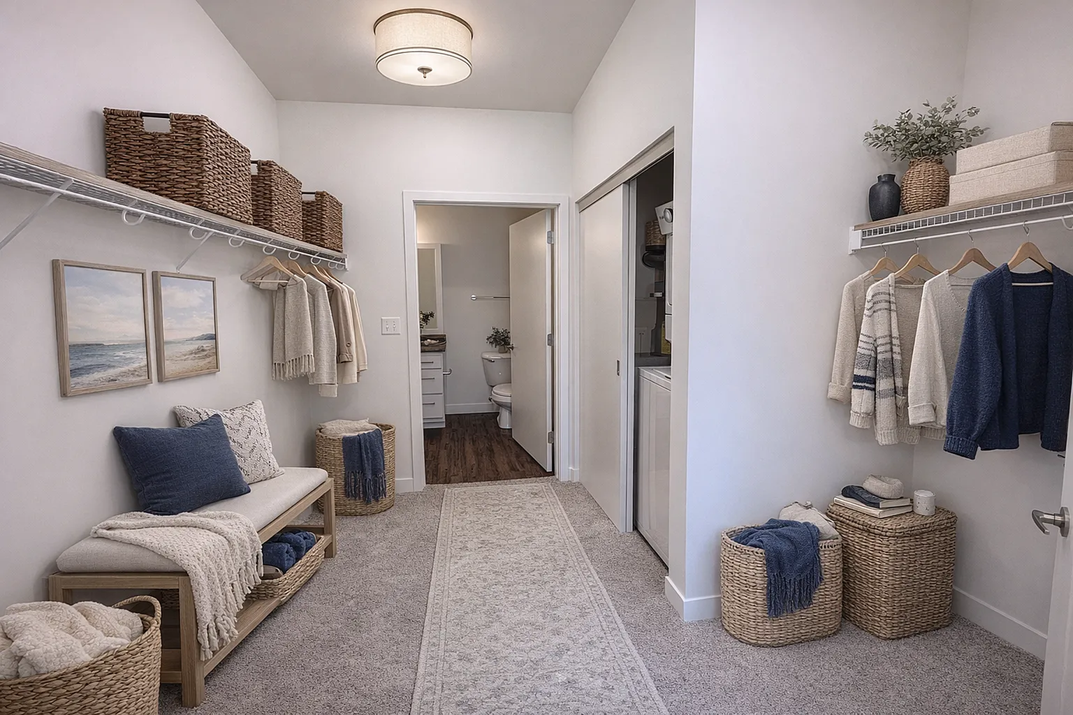 Chic walk-in closet featuring stylish woven baskets, elegant wall art, and ample hanging space. Cozy bench and textured carpet complete the serene atmosphere.