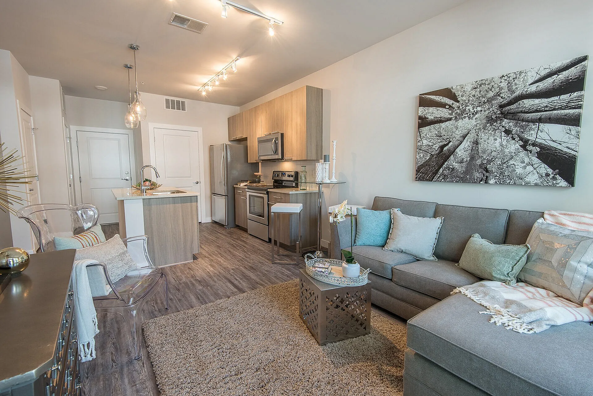 Chic open-plan living area with stylish kitchen and cozy seating, perfect for modern living.