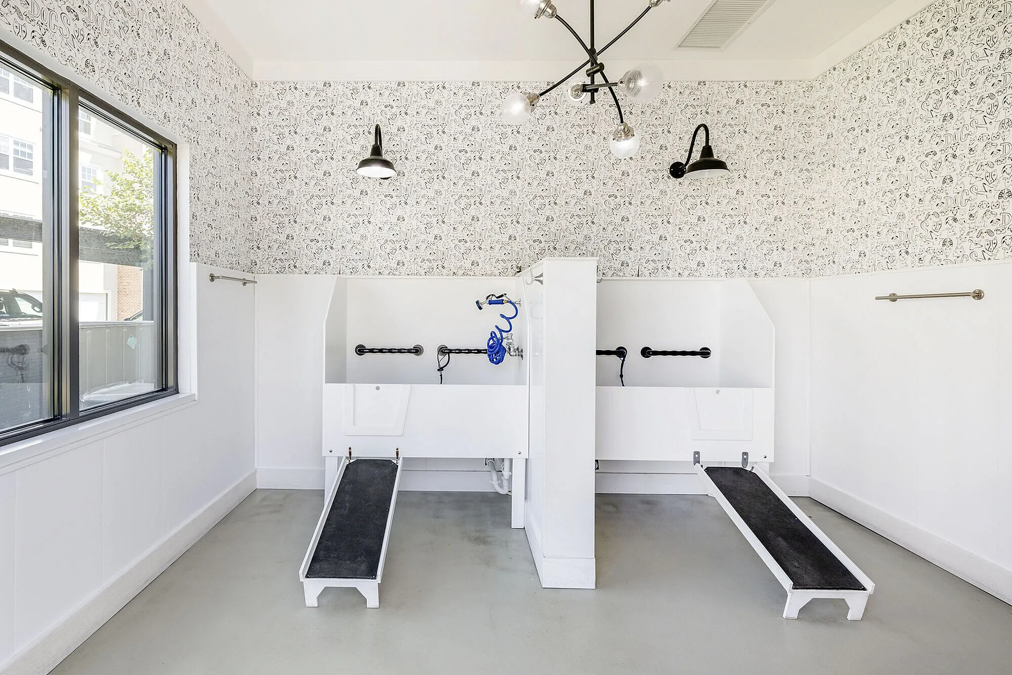 Modern pet washroom with stylish monochrome wallpaper, dual washing stations, and sleek lighting fixtures.
