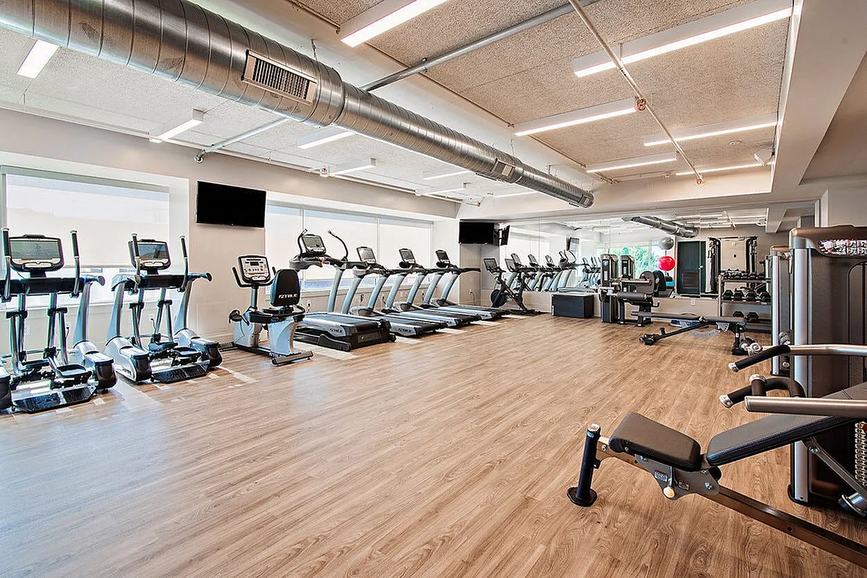 Modern fitness center with state-of-the-art cardio equipment, sleek hardwood floors, and abundant natural light.