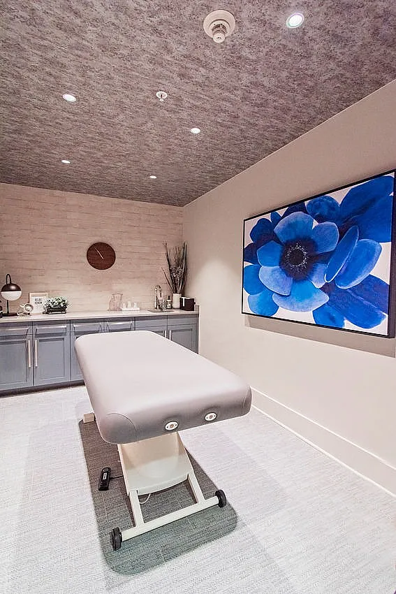 Elegant spa room featuring a massage table, sleek cabinetry, and a vibrant blue floral artwork for a relaxing ambiance.