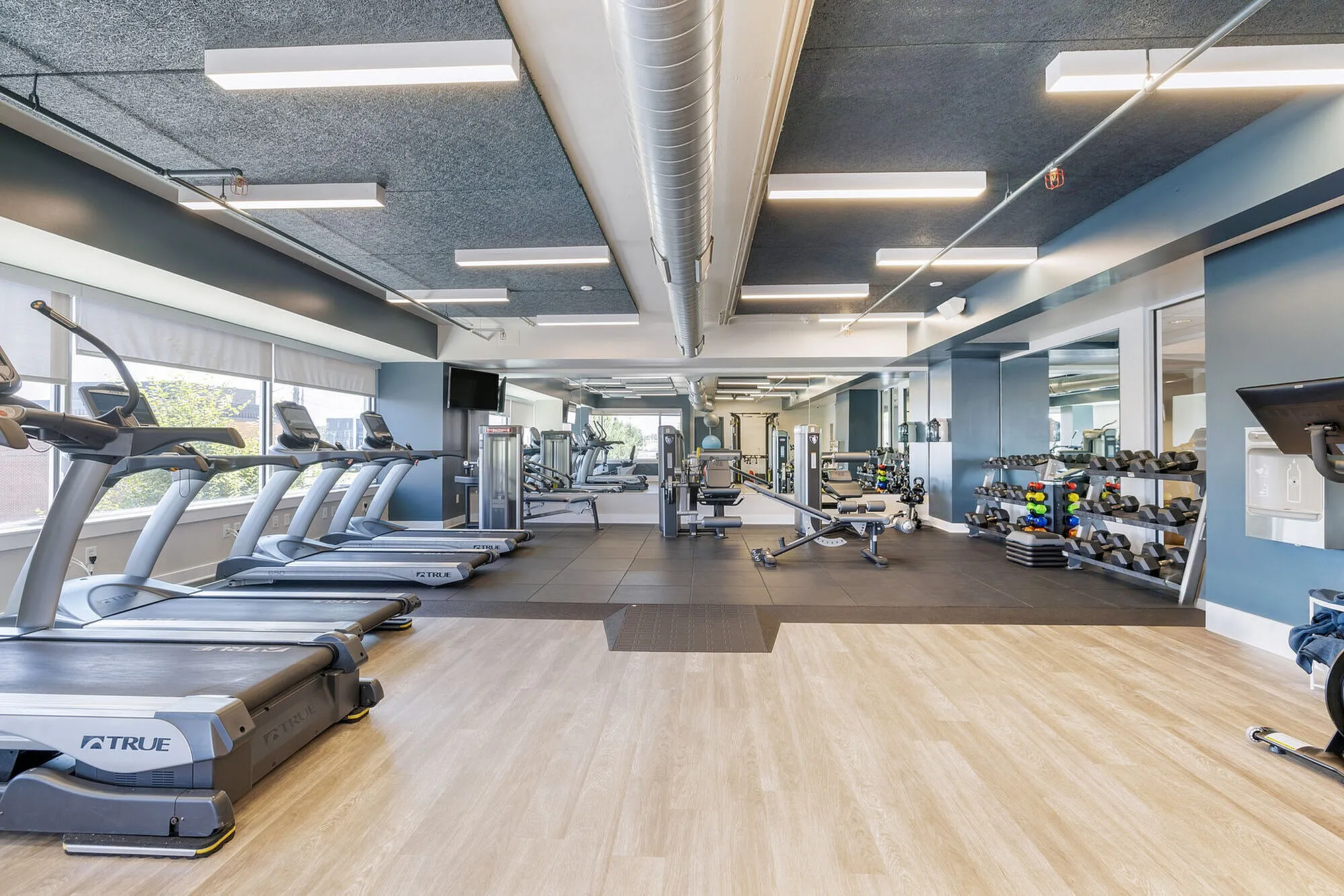 Modern fitness center with state-of-the-art equipment, including treadmills, weight racks, and exercise machines, set in a spacious and well-lit environment.