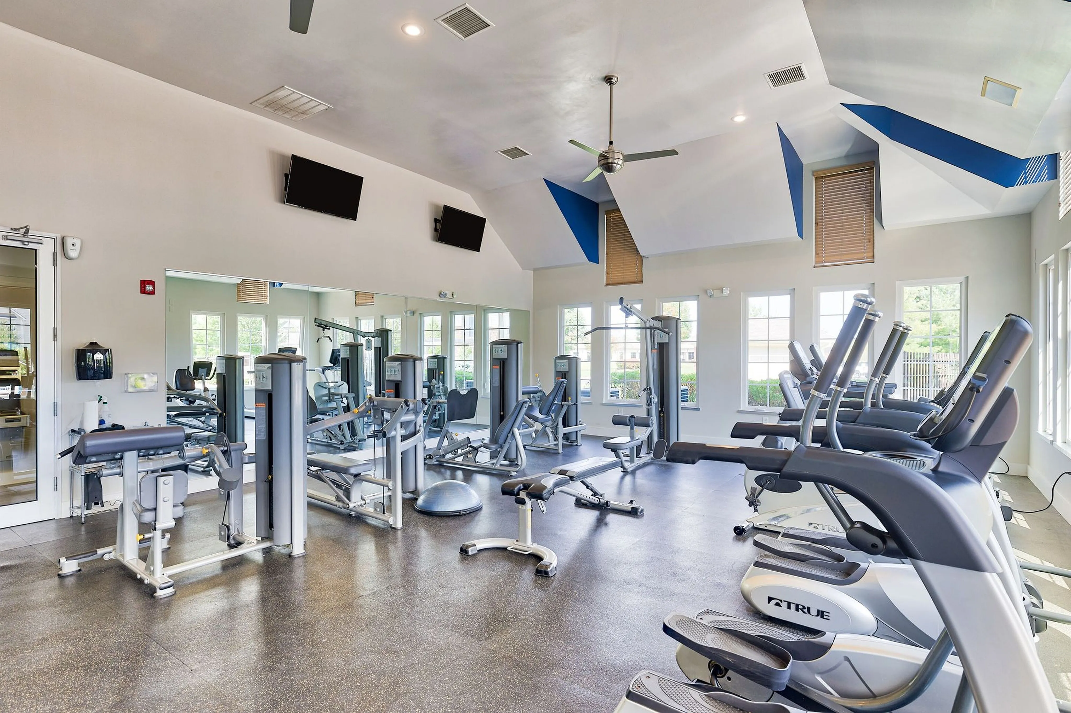 Bright, contemporary gym featuring top-of-the-line exercise equipment, mirrored walls, and large windows for natural light.