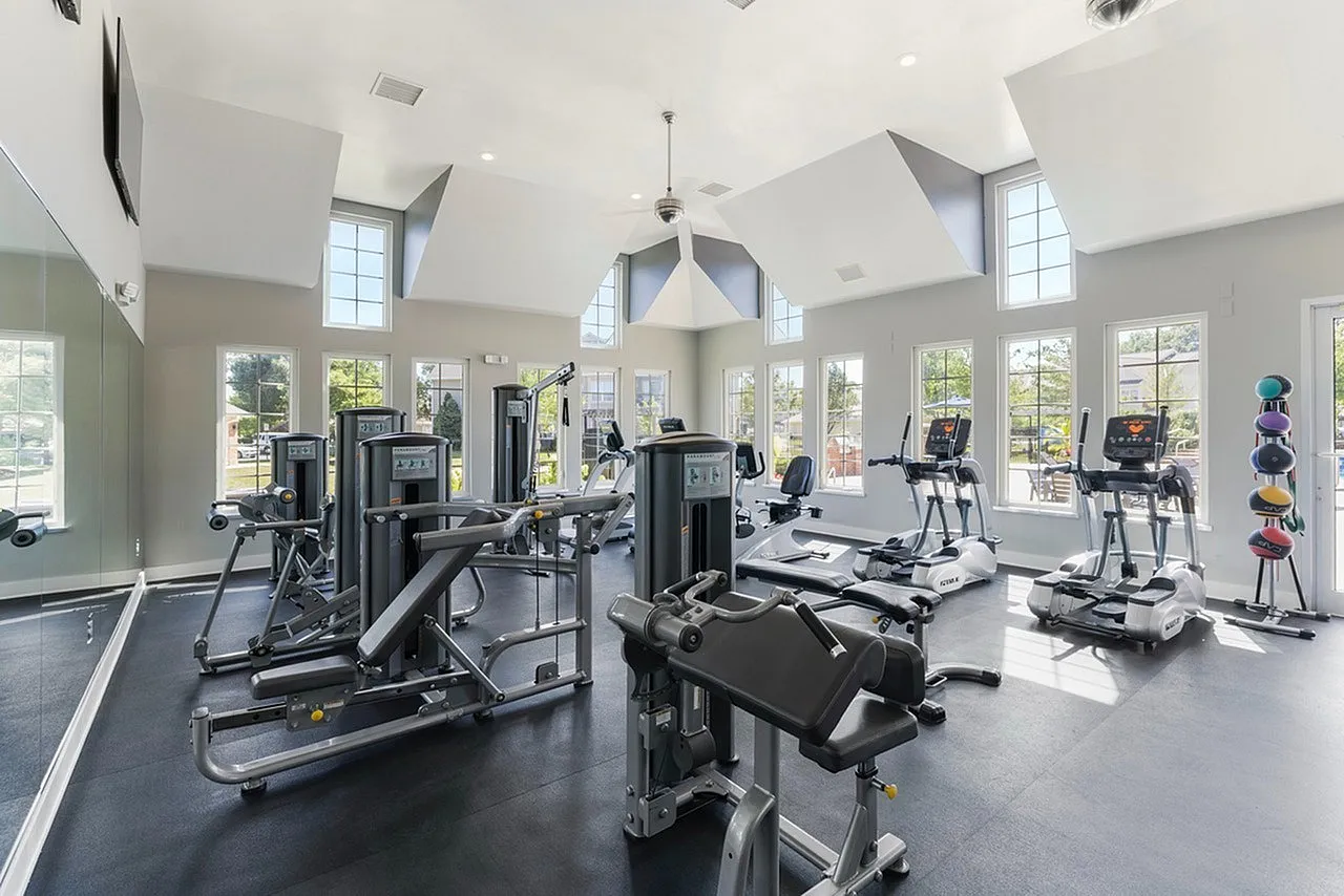 Bright, modern gym with state-of-the-art exercise equipment, large windows, and sleek design for an invigorating workout experience.