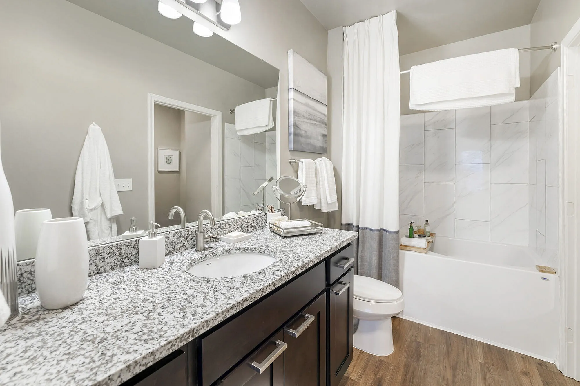 Elegant bathroom featuring sleek granite countertops, luxurious bathtub, and modern fixtures with warm wood flooring.