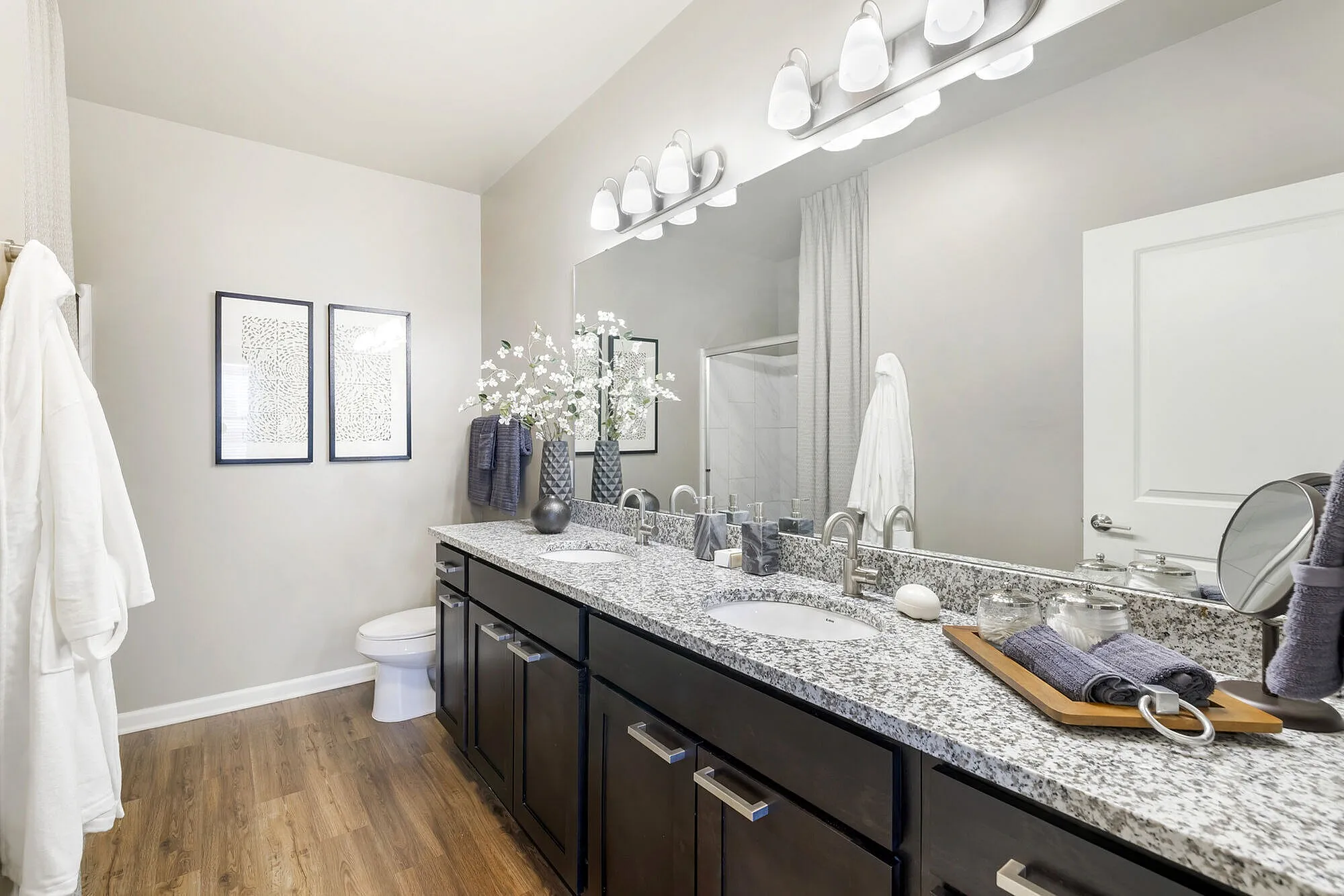 Elegant bathroom with granite countertops, dual sinks, and modern decor, featuring dark cabinetry and stylish lighting.