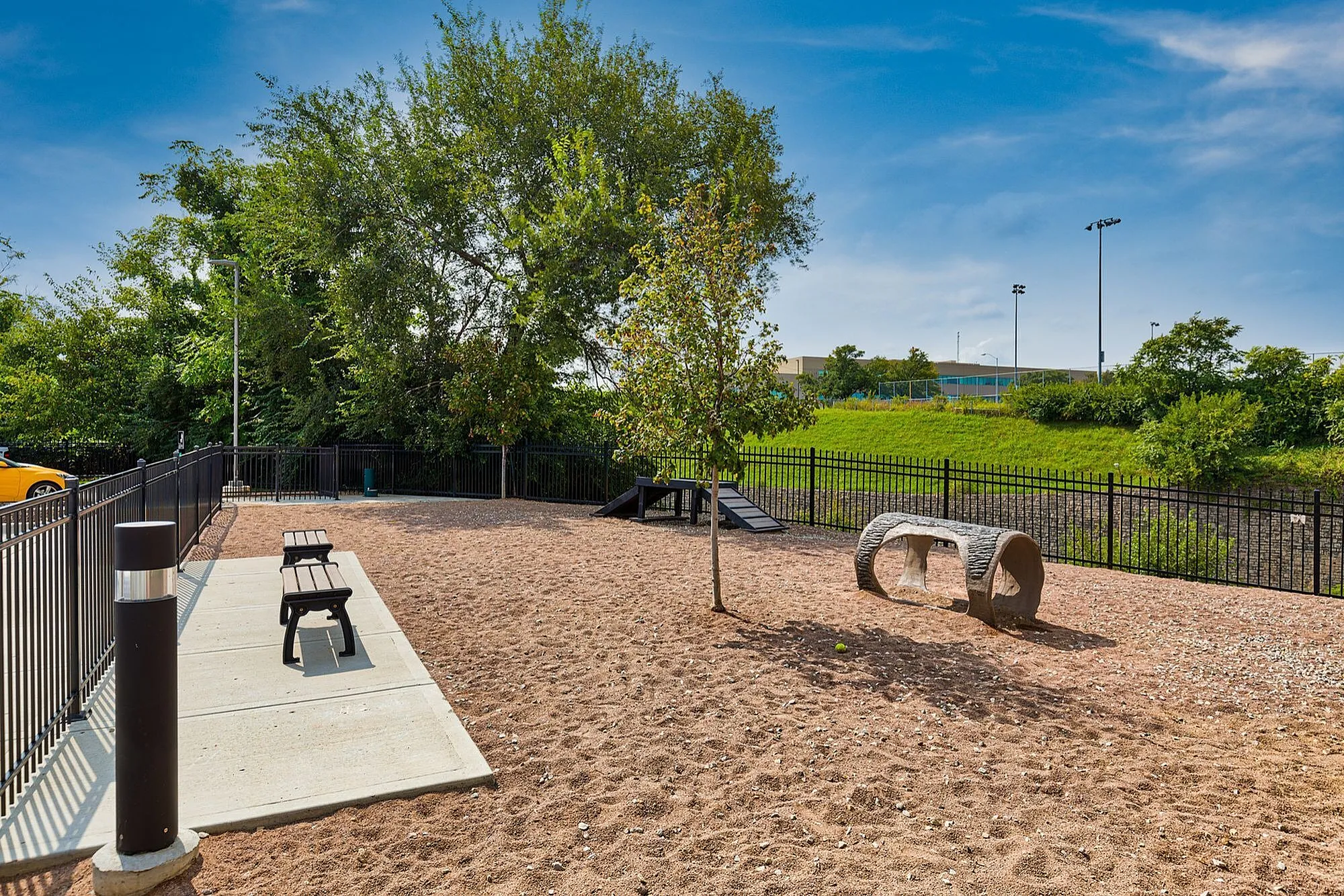 Expansive outdoor pet park with agility equipment and seating, surrounded by lush greenery under a vibrant blue sky.