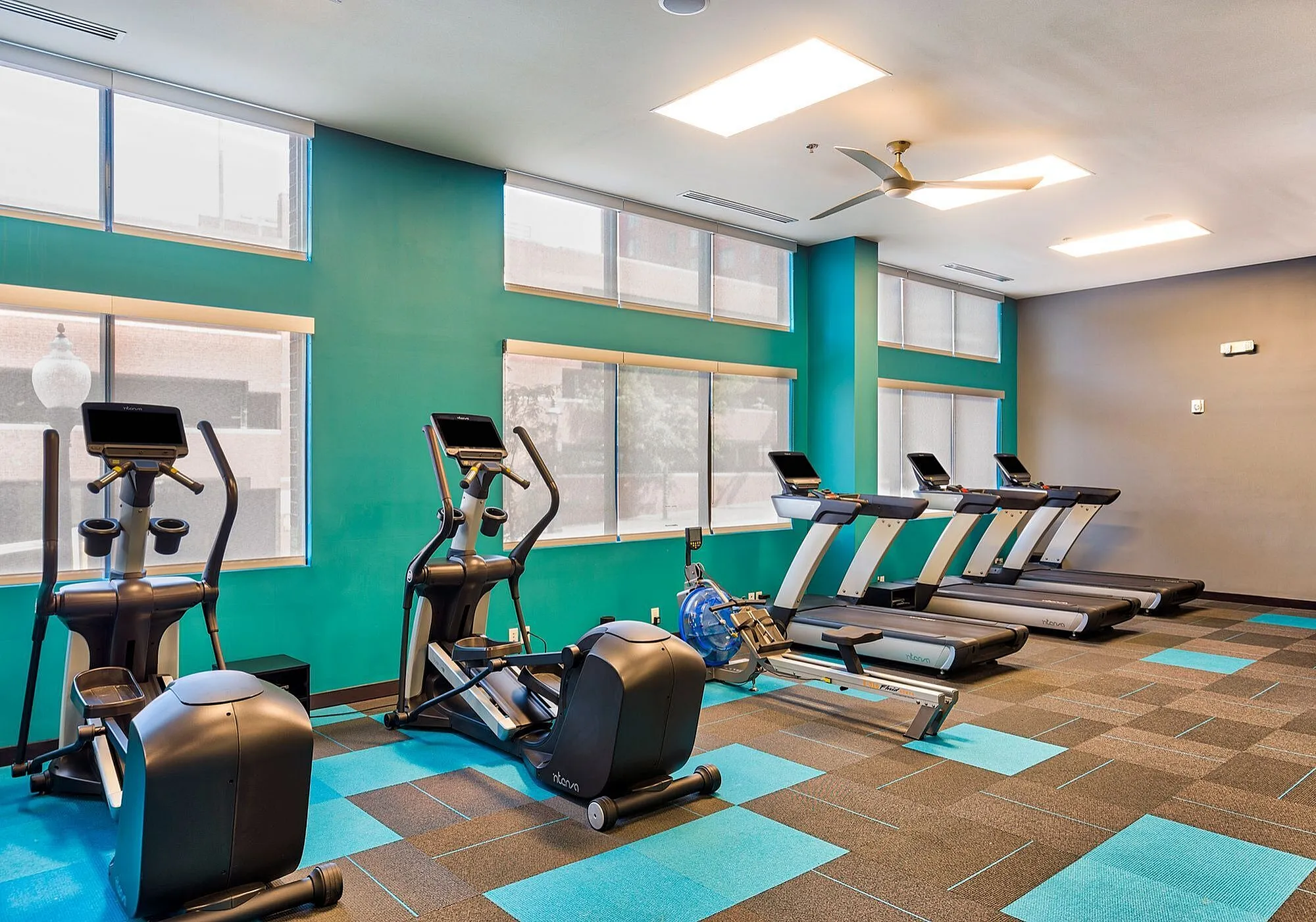 Modern fitness center with bright teal walls featuring state-of-the-art treadmills and elliptical machines, perfect for an energizing workout.