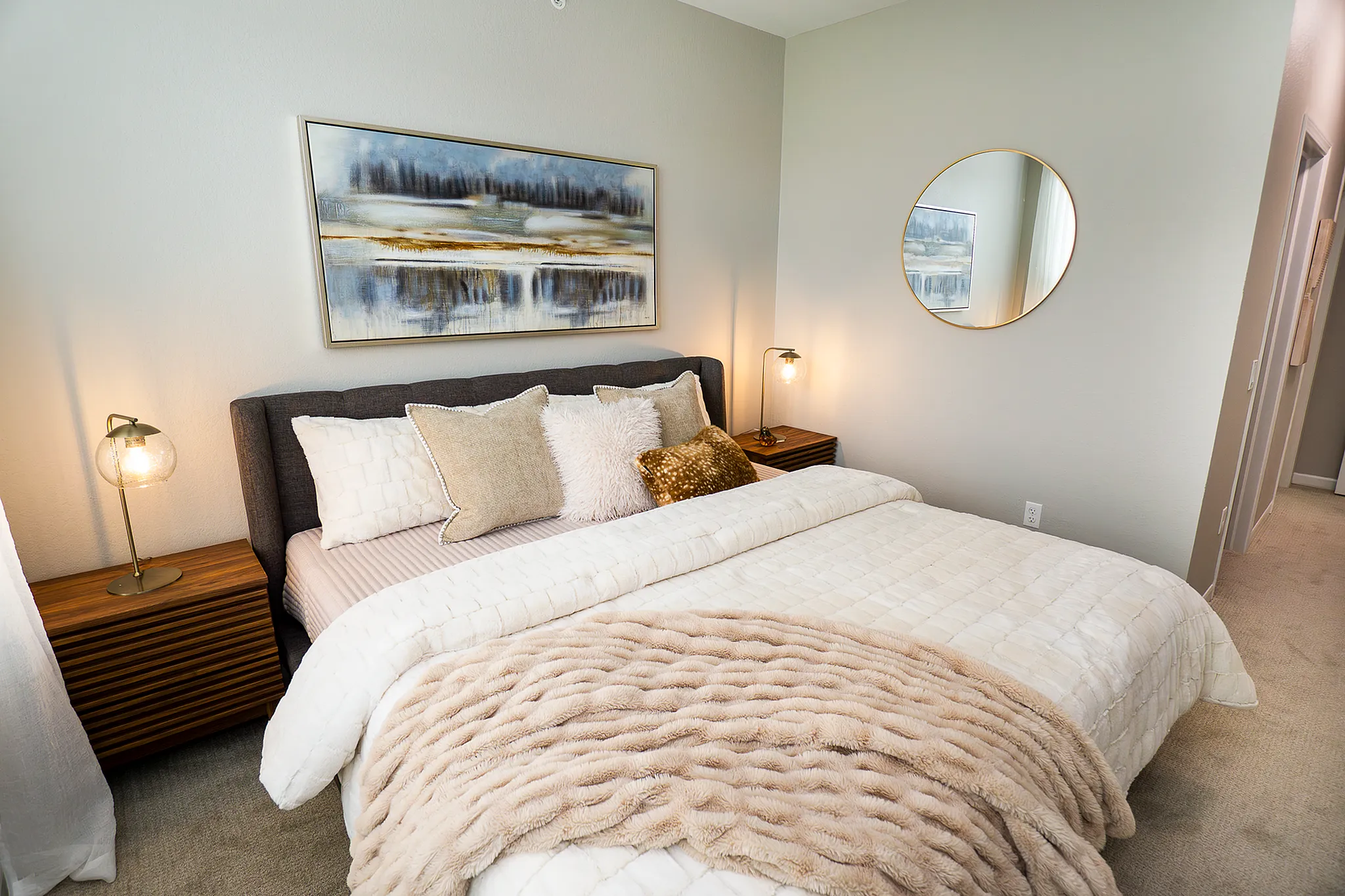 Bright bedroom with modern finishes, and spacious layout at Enclave at 127th in Plainfield, IL.