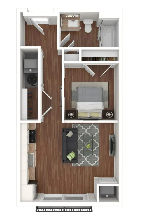Elegant 2D floor plan showcasing 1 bedroom apartment with a cozy living area, contemporary kitchen, and modern bathroom design.