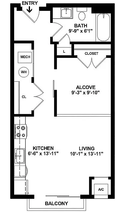Modern studio apartment floor plan featuring an alcove, open kitchen, living area, and balcony, perfect for urban living.