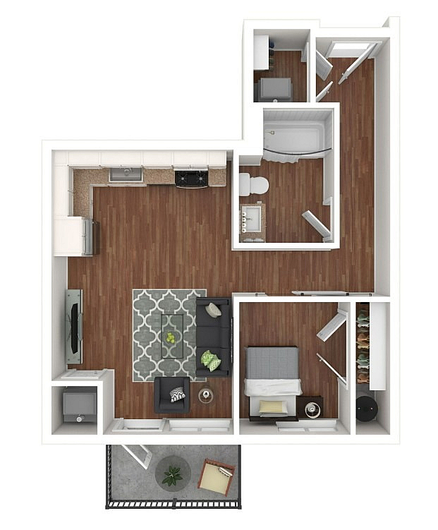 Modern 3D floor plan featuring a cozy one-bedroom apartment with an open-concept kitchen, inviting living room, and a stylish bathroom. Includes private balcony space.