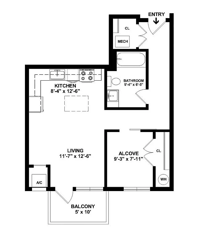 Contemporary floor plan showcasing a spacious layout with kitchen, living room, alcove, and balcony.