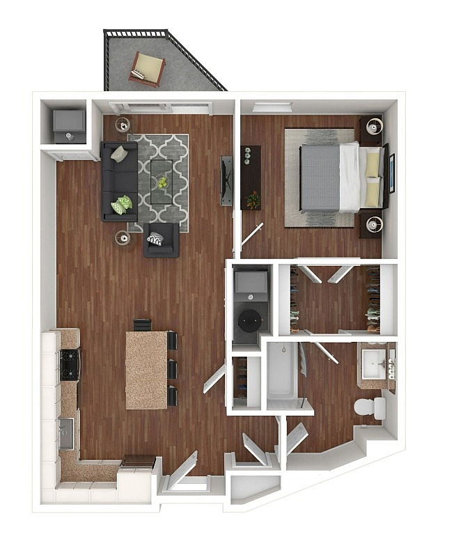 Modern 1-bedroom apartment floor plan featuring an open-concept living area, elegant kitchen, and cozy balcony.
