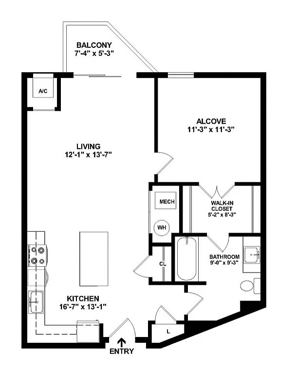 Inviting floor plan with spacious living room, modern kitchen, cozy alcove, and balcony, featuring a large walk-in closet and stylish bathroom.