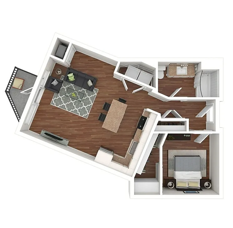 Modern 3D floor plan showcasing a spacious living area with a cozy seating arrangement, elegant kitchen with a breakfast bar, stylish bedroom, and a contemporary bathroom layout.
