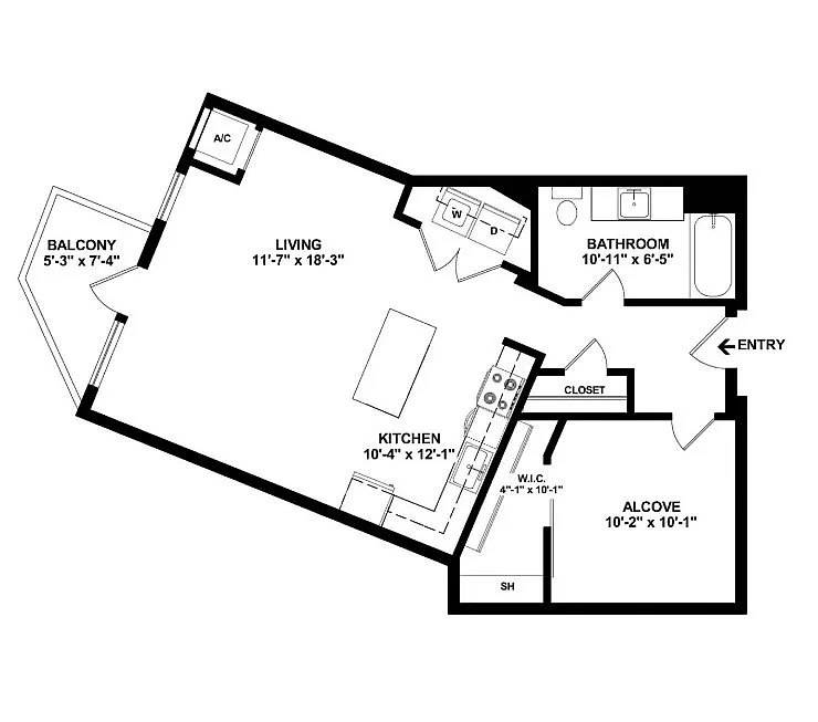 Modern floor plan showcasing an open-concept living area, well-equipped kitchen, cozy alcove, and private balcony.