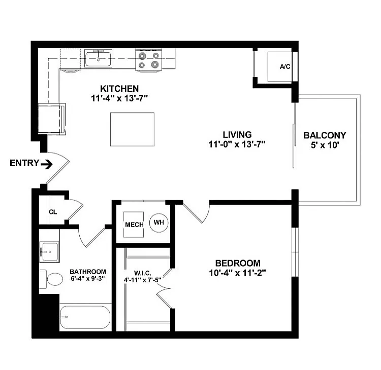 Modern 1-bedroom apartment floor plan with spacious living room, fully equipped kitchen, and cozy balcony.