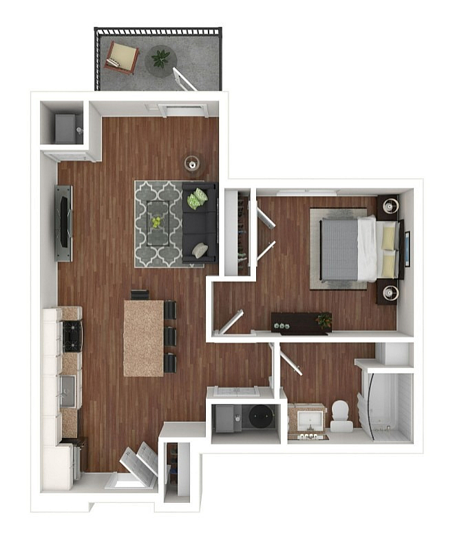 Chic apartment floor plan showcasing 1 bedroom, modern kitchen, inviting living area, and cozy balcony.