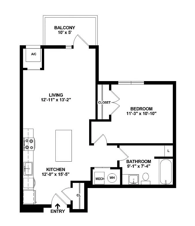 Modern 1-bedroom floor plan with spacious living area, open kitchen, and private balcony.