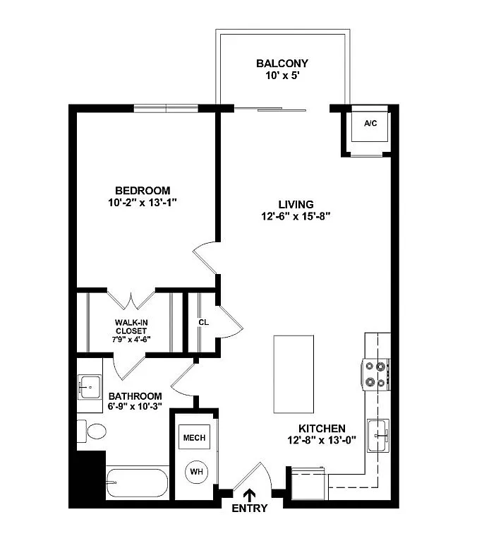 Inviting 1-bedroom apartment floor plan with spacious living area, modern kitchen, and private balcony.
