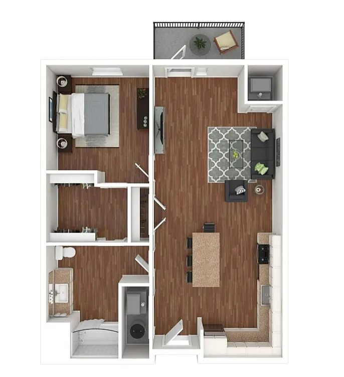 Contemporary floor plan showcasing a stylish 1-bedroom apartment with open-concept living area, modern kitchen, and inviting balcony.