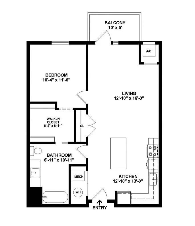 Modern apartment floor plan featuring 1 bedroom, spacious living area, open kitchen, and balcony access, perfect for stylish urban living.